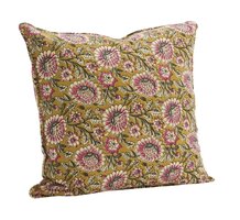 Madam Stoltz - Geprinte kussen - mostard/off white/grijs/framboos 50 x 50 cm