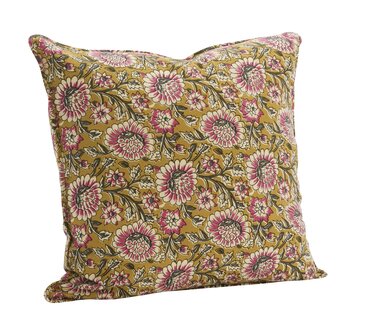 Madam Stoltz - Geprinte kussen - mostard/off white/grijs/framboos 50 x 50 cm