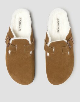 Natura - Suede slof / klomp - cognac / wit kunstbont
