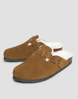 Natura - Suede slof / klomp - cognac / wit kunstbont