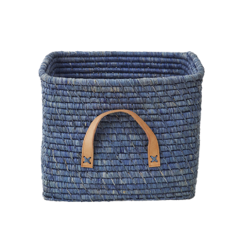 Rice Square Raffia Basket with Leather Handles - blue