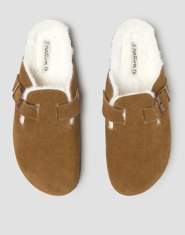 Natura - Suede slof / klomp - cognac / wit kunstbont