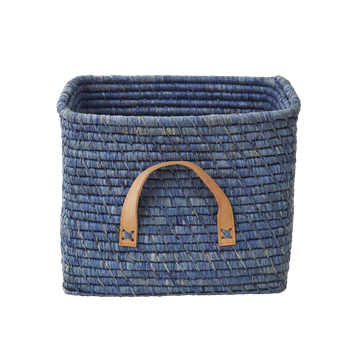 Rice Square Raffia Basket with Leather Handles - blue