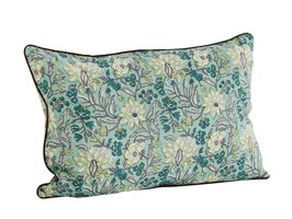 Madam Stoltz - Kussen - katoen print - zachtgroen met bloemen / achterzijde geruit